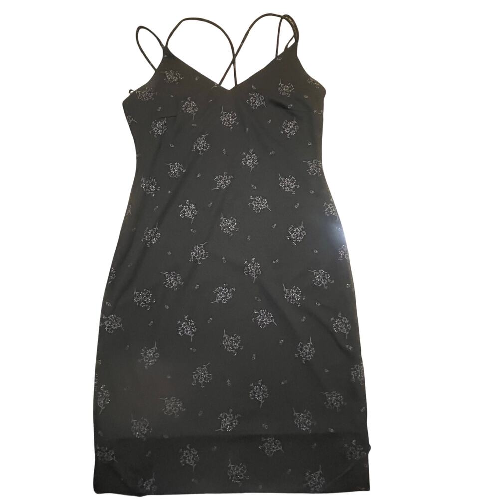 Vintage Gossip Black Sheer Floral Slip Dress Spaghetti Strap Y2K Large Grunge